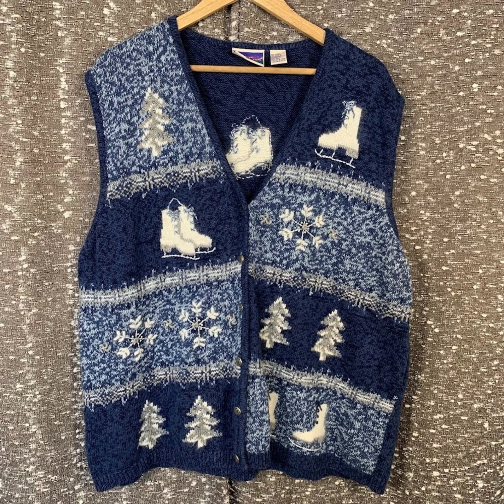 North Crest Christmas Winter Holiday Blue Ice Skating Button Up Sweater Vest